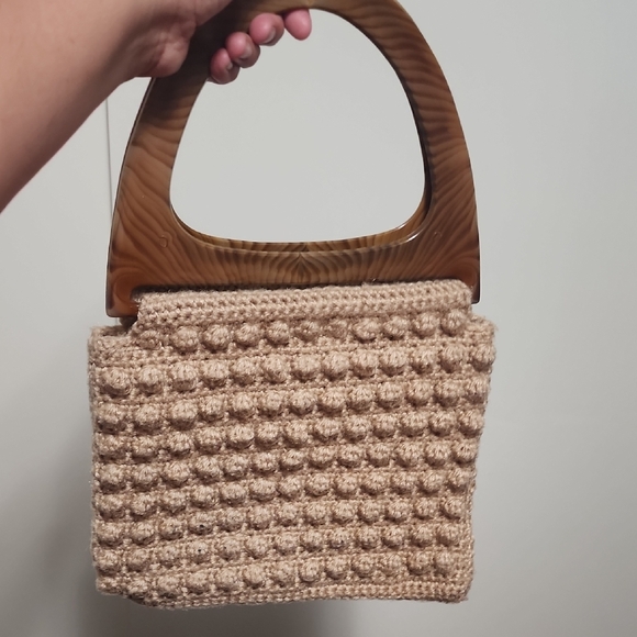 Vintage Hand Crocheted Wooden Handle Bag Coastal Grandma Boho Tote - Picture 2 of 11